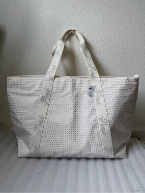 PINK Victoria's Secret Cream Perforated Canvas Tote with Branded Straps